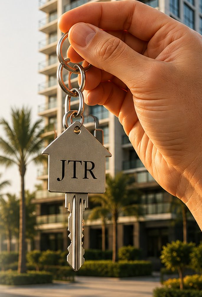 Mão segurando um chaveiro com a chave do JTR, com o condomínio ao fundo